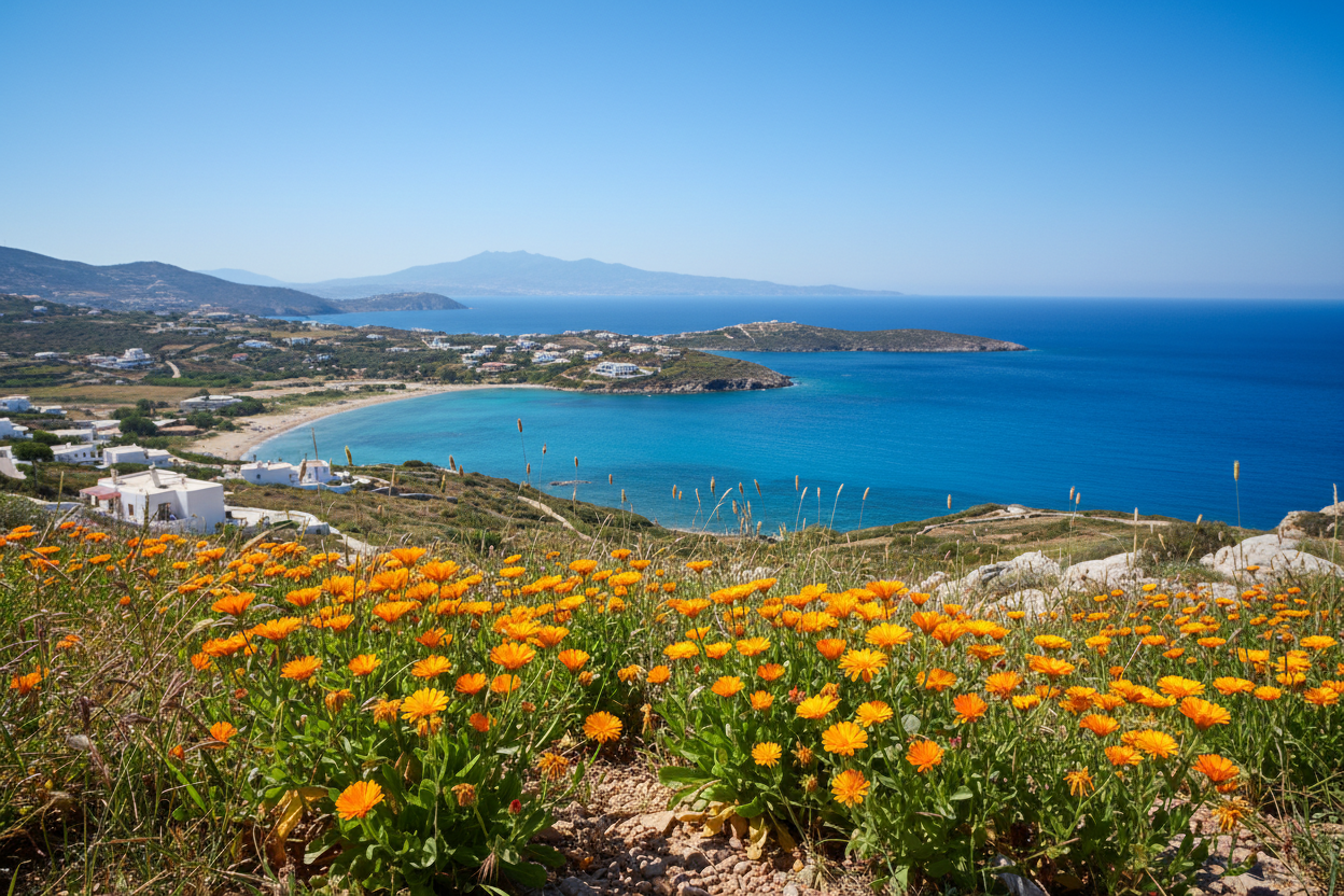 Calendulakraut in Griechenland mit Meerblick ohne Produkt