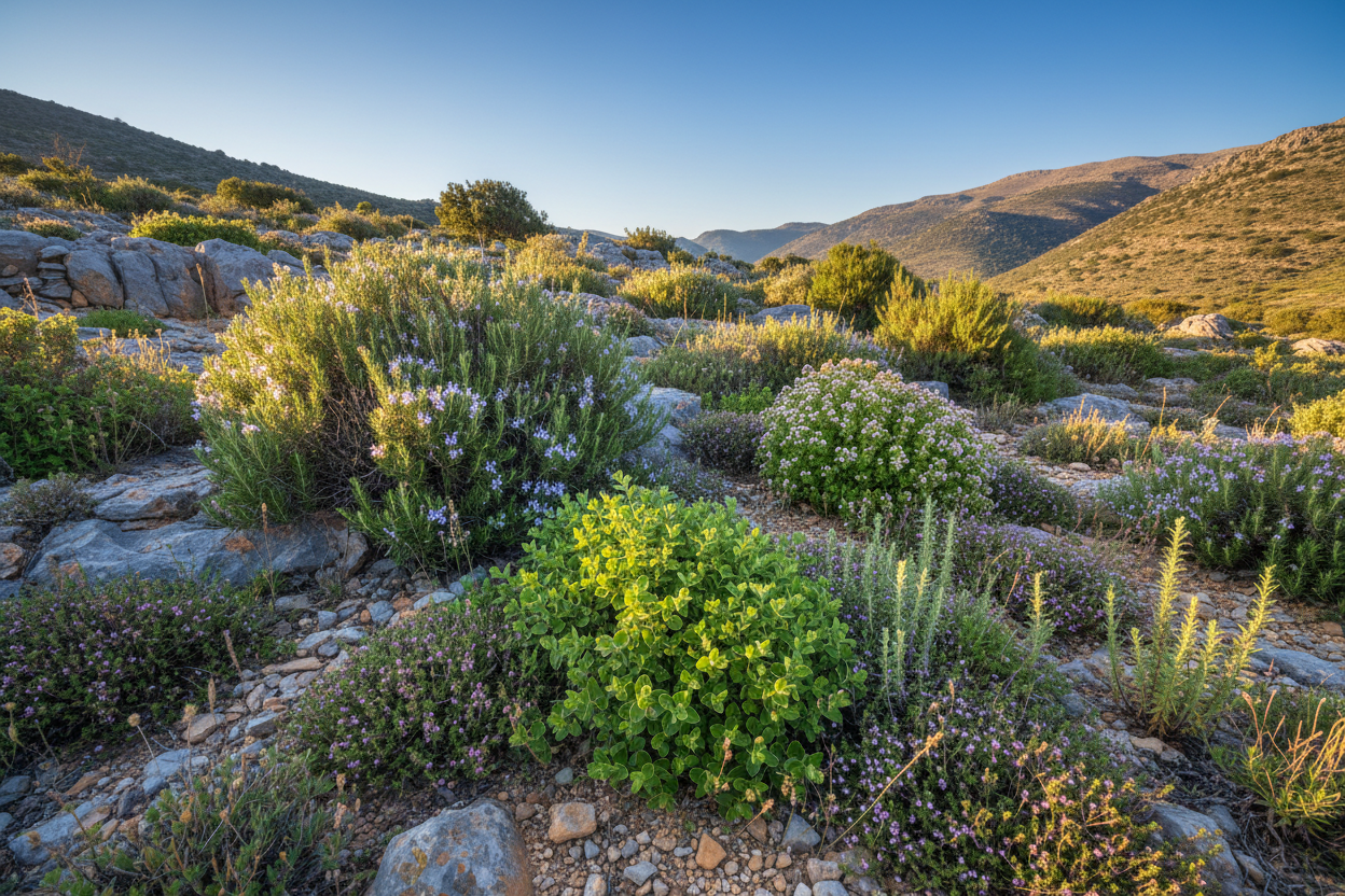Rosmarin, Oregano, Thymian, Bohnenkraut am Berg in Griechenland