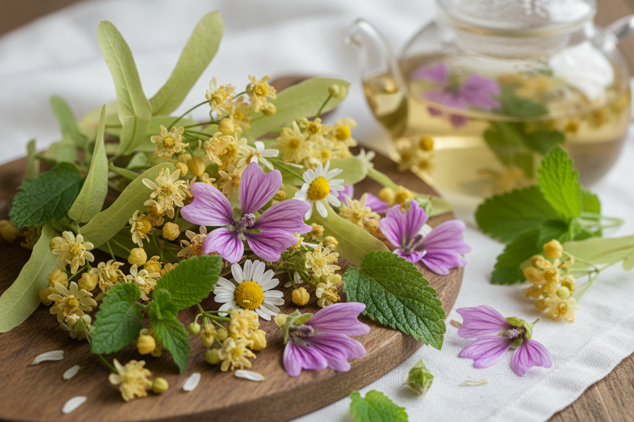 Ein Bild mit Malve Melissa Lindenblütentee, Kamille