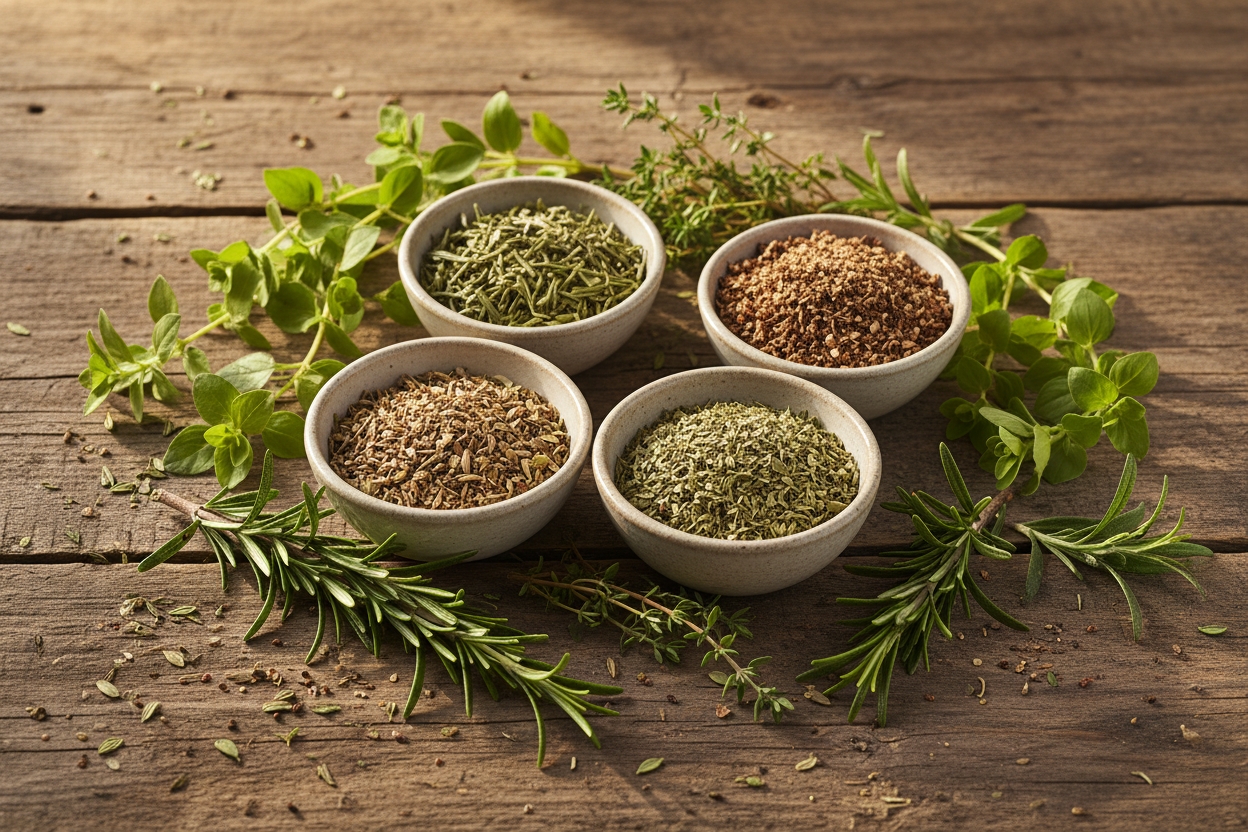 Gewürzmischung aus Thymian, Rosmarin, Oregano und Bohnenkraut