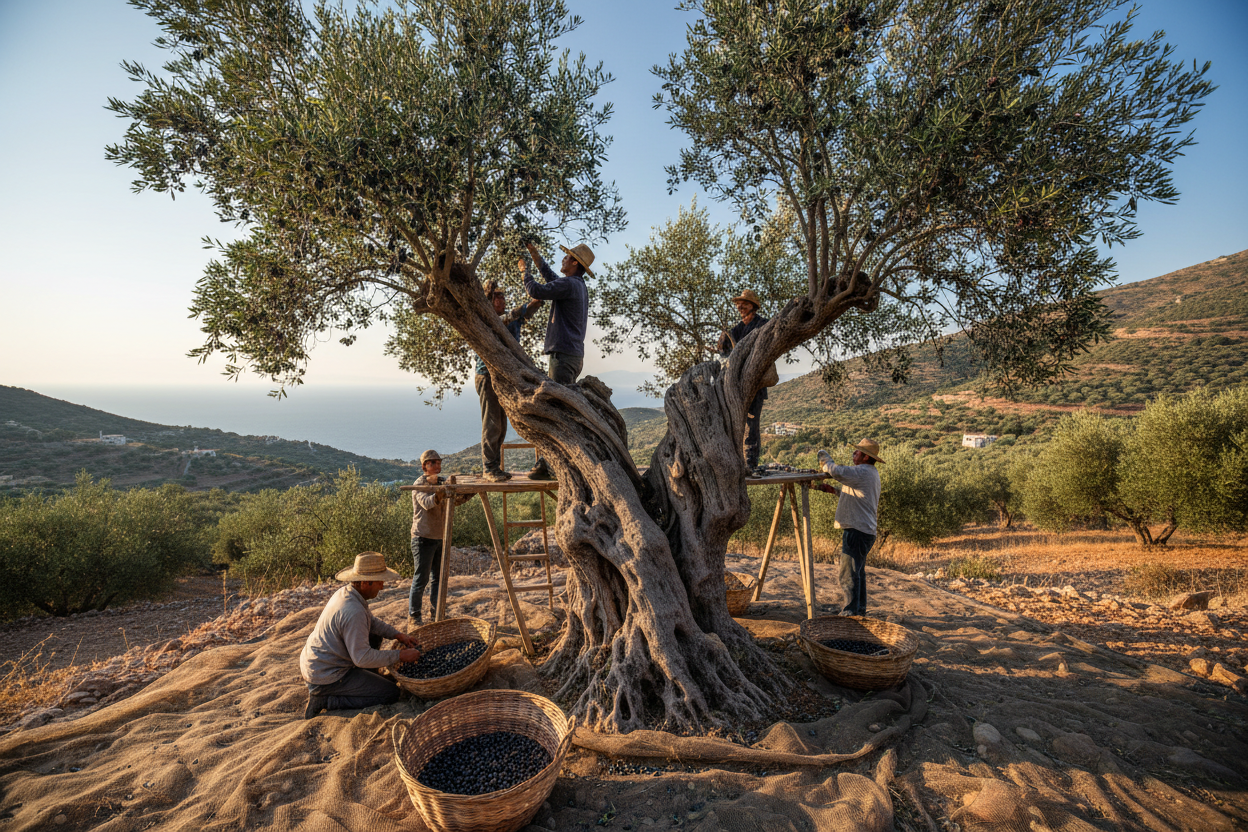Ich brauch einen alten Baum auf Thassos mit Mitarbeiter und schwarze Oliven sammeln per Hand pflücken