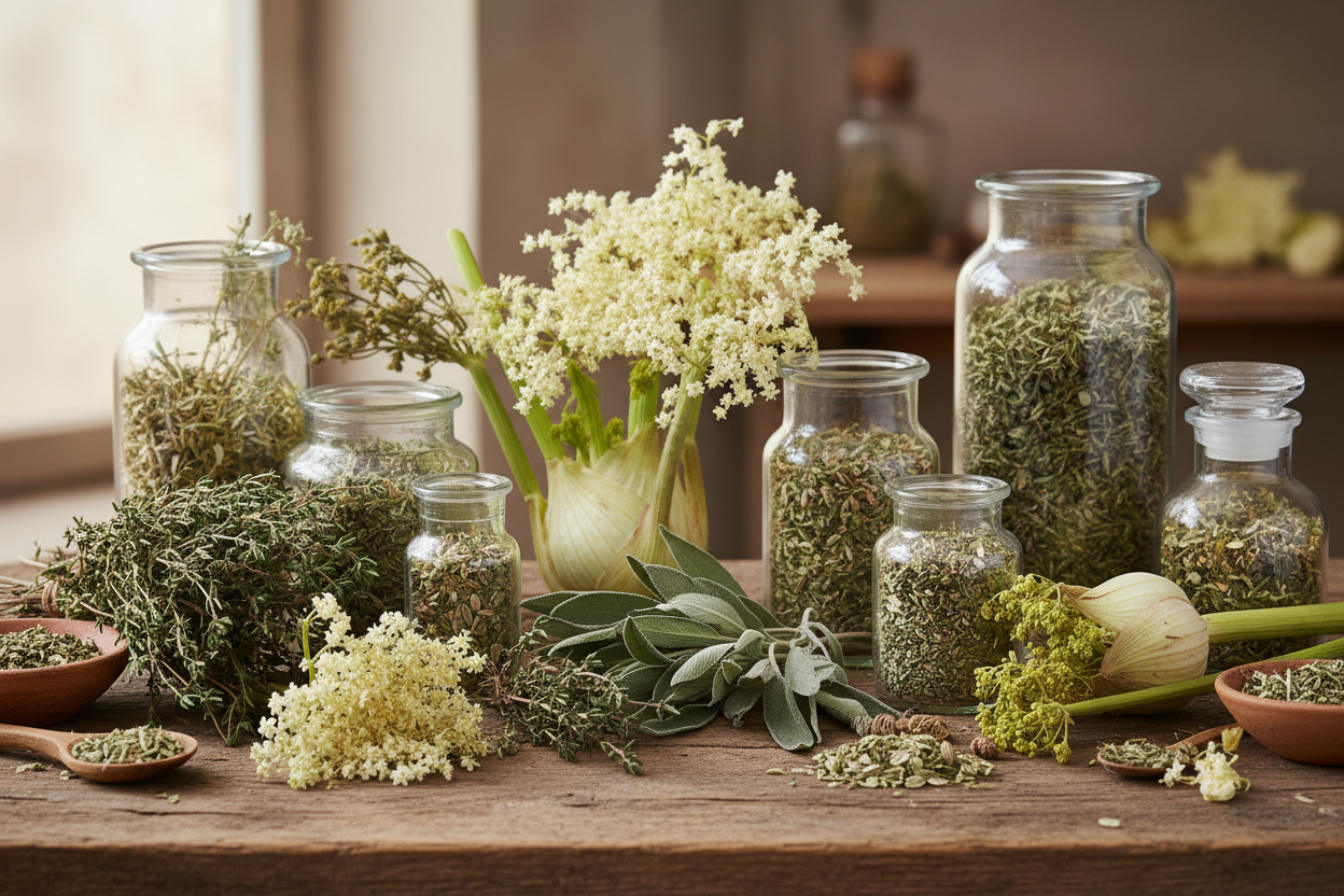 Ich brauche ein Bild mit Thymian, Holunder Salbei, Fenchel Echinger C. Getrocknet.