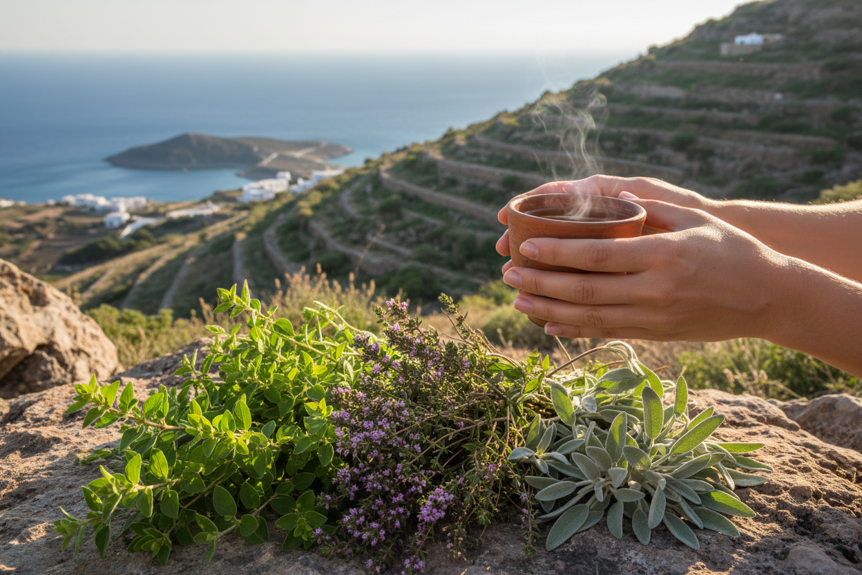 Kräuter am Berg mit Meerblick und eine Tasse Tee in Griechenland mit schöne Händen