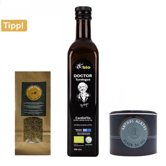 Genustipp | Doctor Tyrologos natives Bio-Olivenöl extra - 0,5 l Fleur de Sel - 125 g l Wilder Oregano - 20g