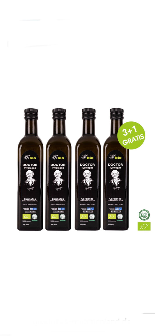 3 Flaschen plus 1 Gratis 0,5l Doctor Tyrologos natives Bio Olivenöl